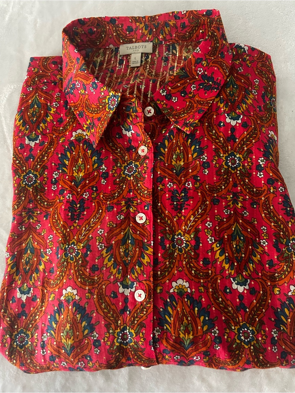 Talbots Red Paisley-Print Button-Down Metallic Lightweight Shirt Women’s Large